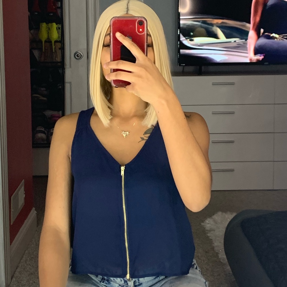 Blue sleeveless blouse
